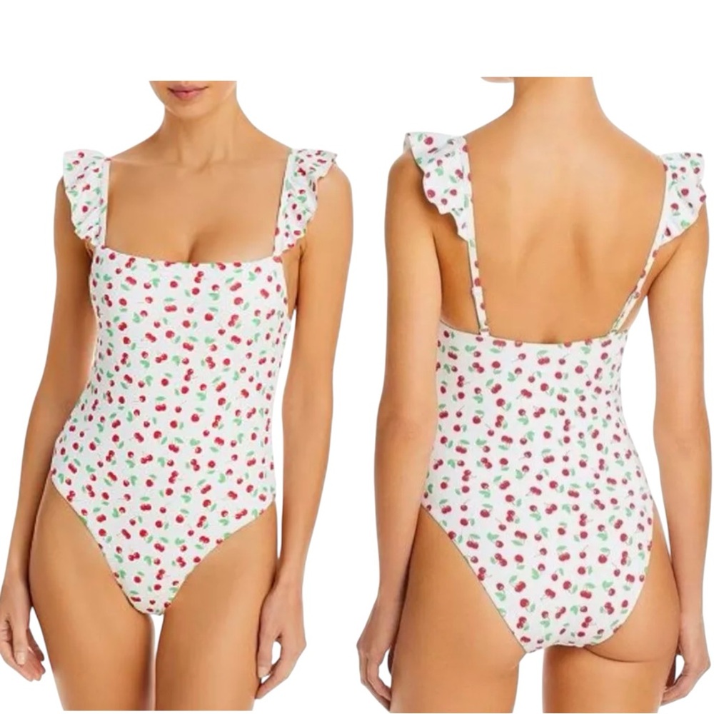 Aqua White Cherry Print One-Piece Swimsuit with Ruffle Straps
